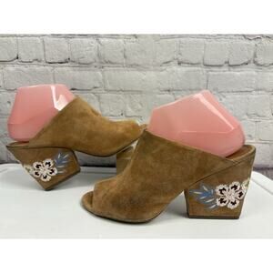 Tory Burch Embroidered Suede Tan Floral Open Toe Mule Wedge Heel Size 7.5